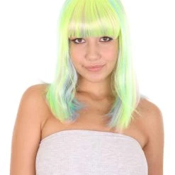 HPO Womens Bob Wig | Medium Green Yellow Party Ready Fancy Cosplay Halloween Wig | Premium Breathable Capless Cap Women's