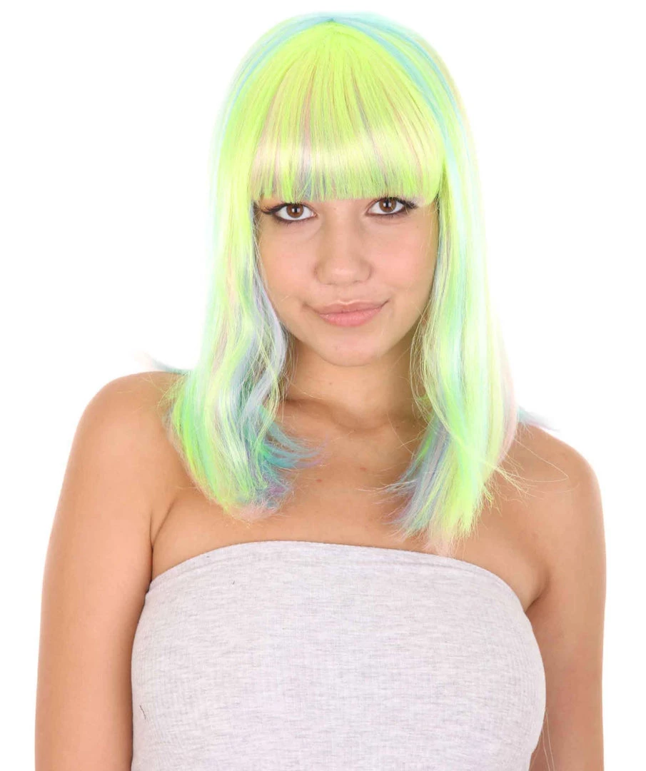 HPO Womens Bob Wig | Medium Green Yellow Party Ready Fancy Cosplay Halloween Wig | Premium Breathable Capless Cap Women's
