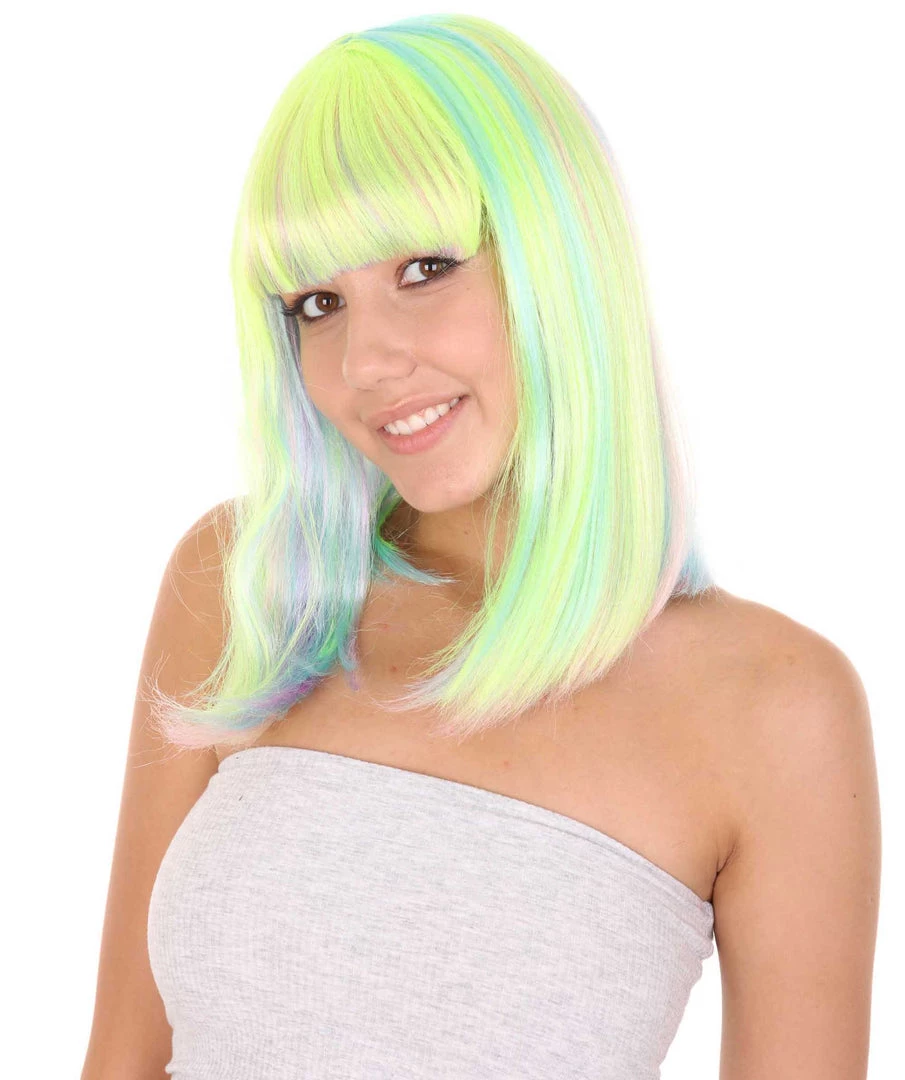 HPO Womens Bob Wig | Medium Green Yellow Party Ready Fancy Cosplay Halloween Wig | Premium Breathable Capless Cap Women's