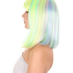 HPO Womens Bob Wig | Medium Green Yellow Party Ready Fancy Cosplay Halloween Wig | Premium Breathable Capless Cap Women's