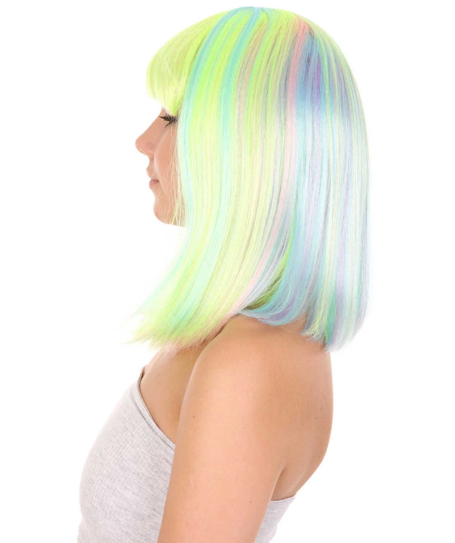 HPO Womens Bob Wig | Medium Green Yellow Party Ready Fancy Cosplay Halloween Wig | Premium Breathable Capless Cap Women's