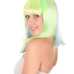 HPO Womens Bob Wig | Medium Green Yellow Party Ready Fancy Cosplay Halloween Wig | Premium Breathable Capless Cap Women's