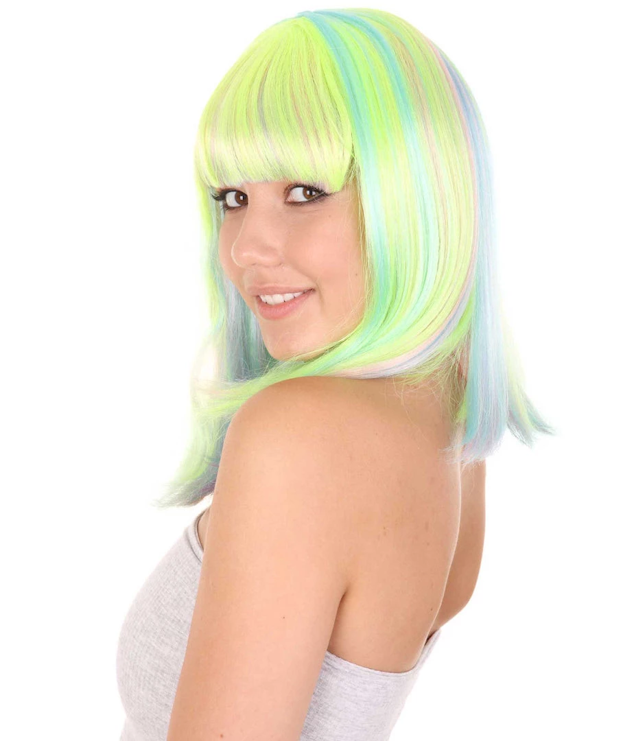 HPO Womens Bob Wig | Medium Green Yellow Party Ready Fancy Cosplay Halloween Wig | Premium Breathable Capless Cap Women's