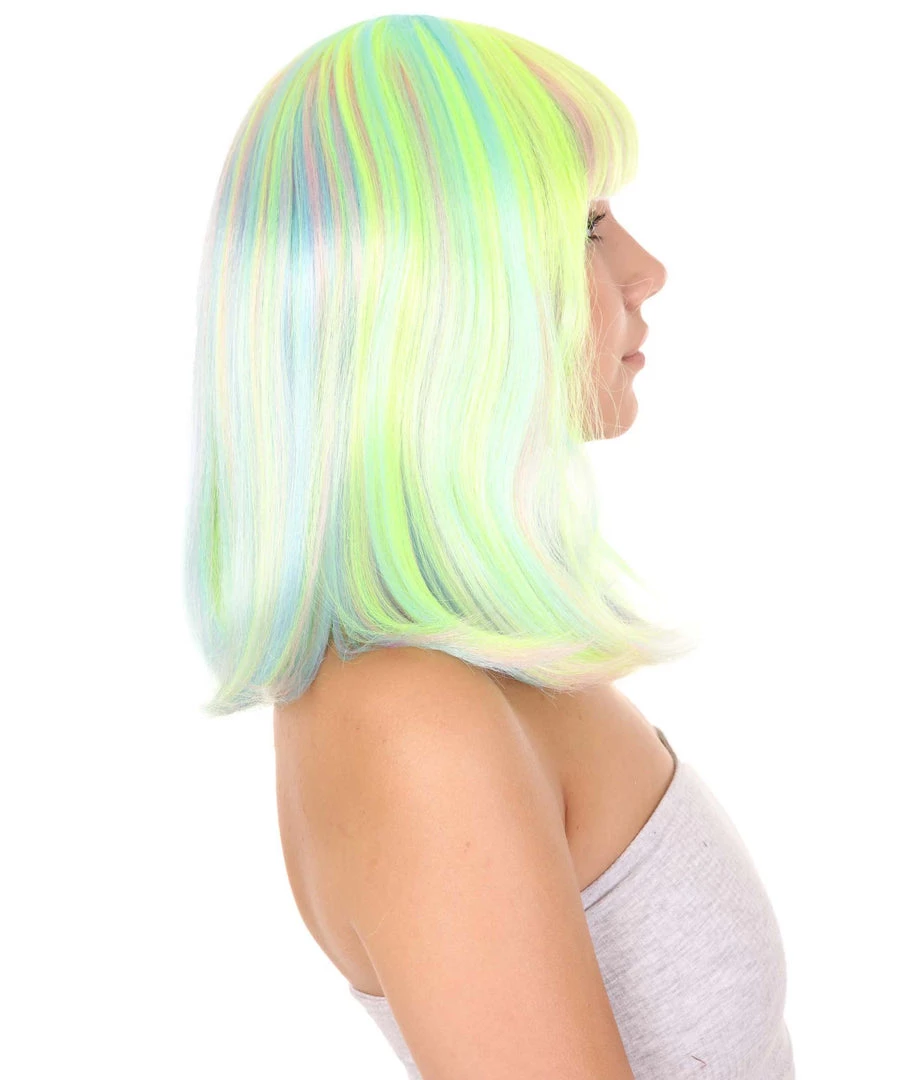 HPO Womens Bob Wig | Medium Green Yellow Party Ready Fancy Cosplay Halloween Wig | Premium Breathable Capless Cap Women's