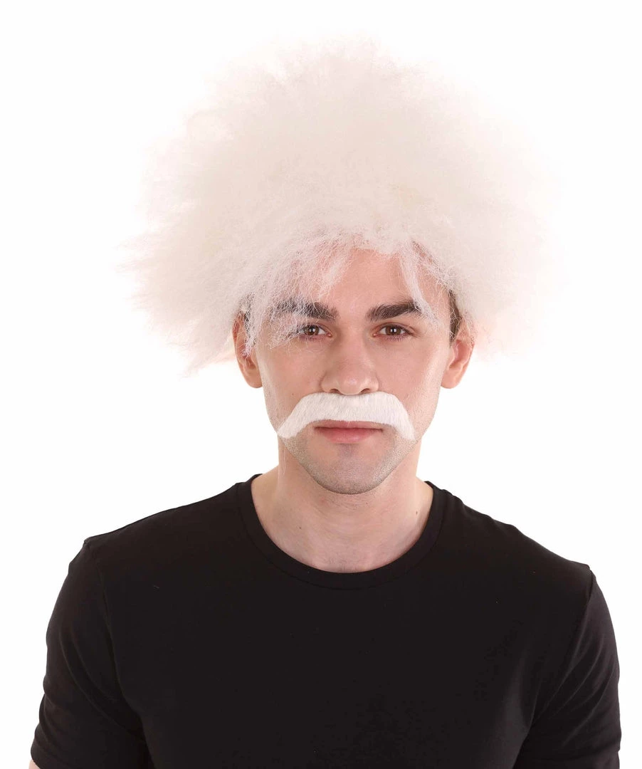 HPO Men's Mad Scientist Mens Wig & Mustache | Jumbo Cosplay Halloween Wig | Premium Breathable Capless Cap