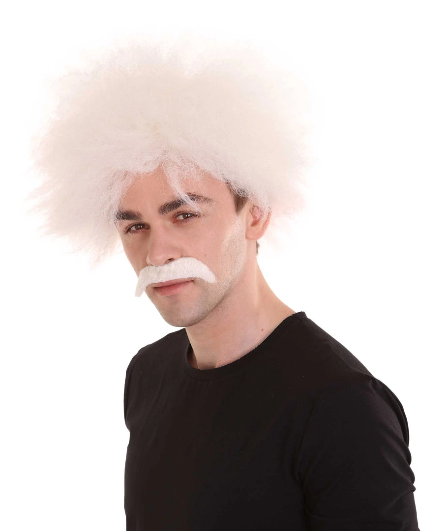 HPO Men's Mad Scientist Mens Wig & Mustache | Jumbo Cosplay Halloween Wig | Premium Breathable Capless Cap
