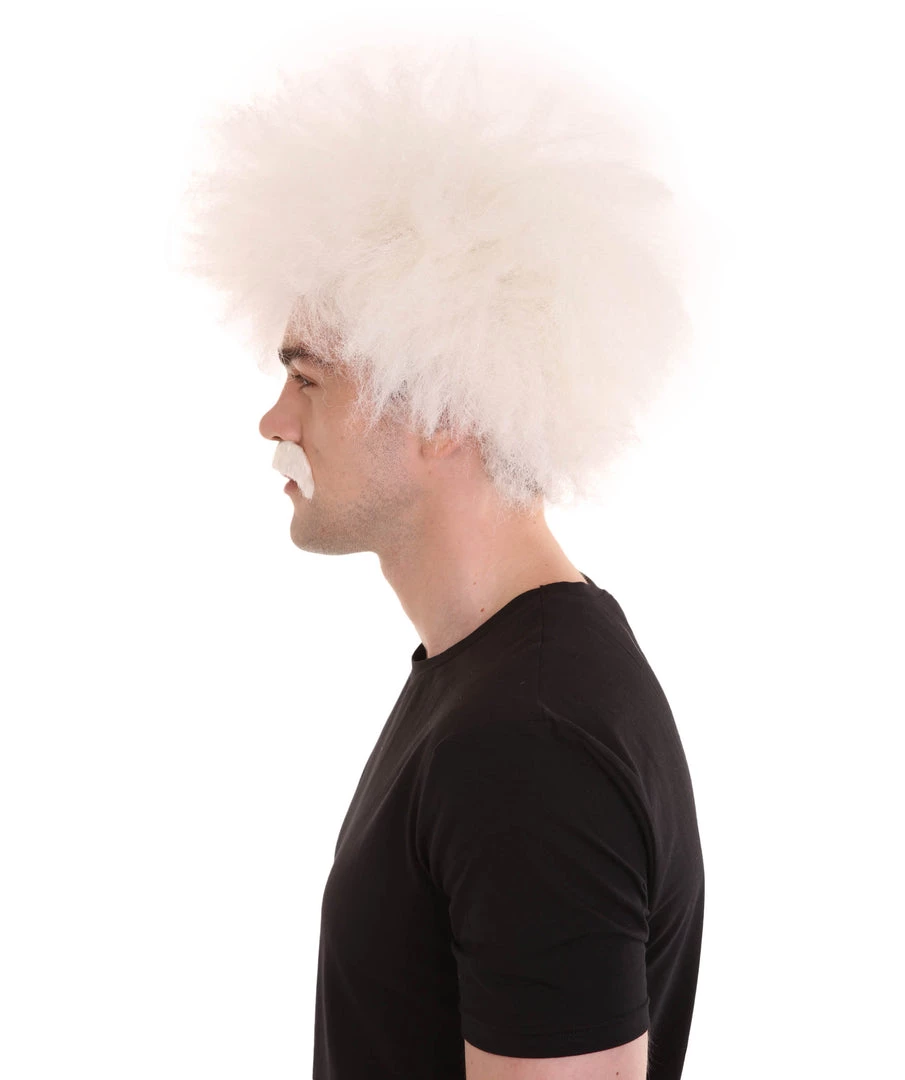 HPO Men's Mad Scientist Mens Wig & Mustache | Jumbo Cosplay Halloween Wig | Premium Breathable Capless Cap