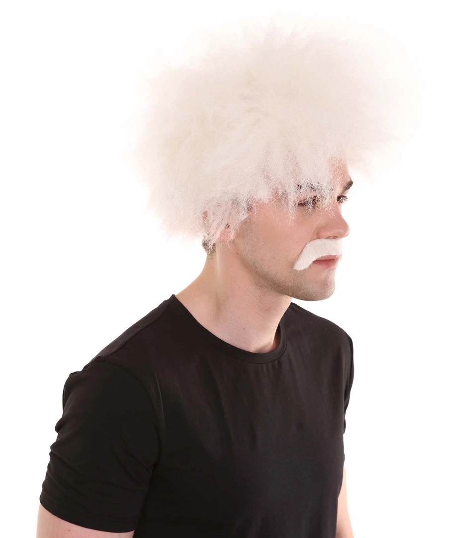 HPO Men's Mad Scientist Mens Wig & Mustache | Jumbo Cosplay Halloween Wig | Premium Breathable Capless Cap