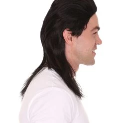 HPO 80s Black Mullet Mens Wig | Long Celebrity Halloween Wig | Premium Breathable Capless Cap Men's