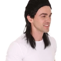 HPO 80s Black Mullet Mens Wig | Long Celebrity Halloween Wig | Premium Breathable Capless Cap Men's