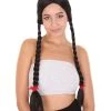 HPO Women's Black Braid Wig | Traditional CowGirl Long Wig With Red Ribbon | Premium Breathable Capless Cap