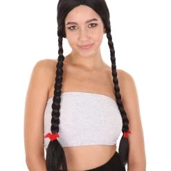 HPO Women's Black Braid Wig | Traditional CowGirl Long Wig With Red Ribbon | Premium Breathable Capless Cap