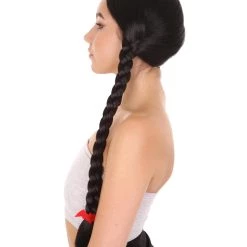 HPO Women's Black Braid Wig | Traditional CowGirl Long Wig With Red Ribbon | Premium Breathable Capless Cap