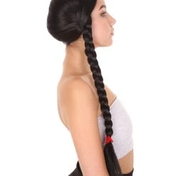 HPO Women's Black Braid Wig | Traditional CowGirl Long Wig With Red Ribbon | Premium Breathable Capless Cap