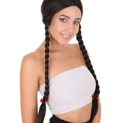 HPO Women's Black Braid Wig | Traditional CowGirl Long Wig With Red Ribbon | Premium Breathable Capless Cap