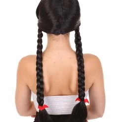 HPO Women's Black Braid Wig | Traditional CowGirl Long Wig With Red Ribbon | Premium Breathable Capless Cap