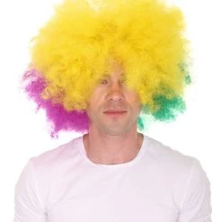 HPO Adult Men's Carnival Mardi Gras Tri-Color Afro Style Wig | Halloween Multicolor Wig | Premium Breathable Capless Cap