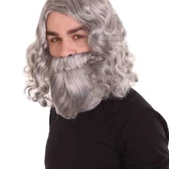 HPO Men's Mens Biblical Wig And Beard Grey Set | Gray Cosplay Halloween Wig | Premium Breathable Capless Cap