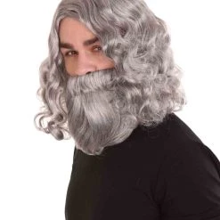 HPO Men's Mens Biblical Wig And Beard Grey Set | Gray Cosplay Halloween Wig | Premium Breathable Capless Cap