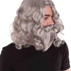 HPO Men's Mens Biblical Wig And Beard Grey Set | Gray Cosplay Halloween Wig | Premium Breathable Capless Cap