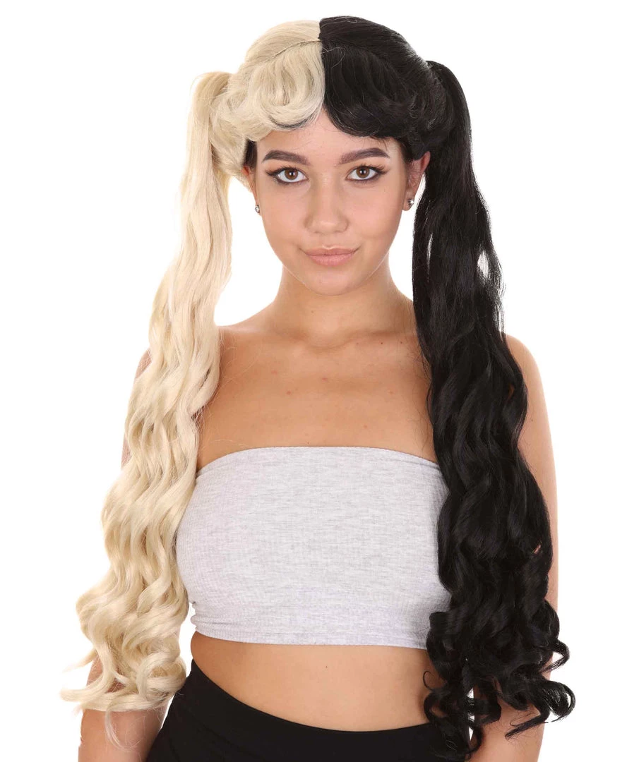 HPO Women's Marie, Long Wavy Two Tone Black And White High Pigtails Womens Wig | Premium Breathable Capless Cap