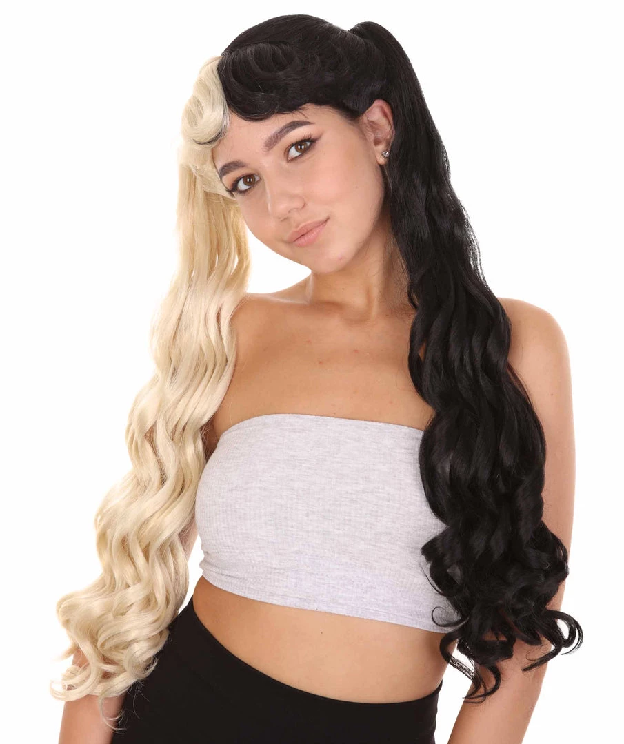 HPO Women's Marie, Long Wavy Two Tone Black And White High Pigtails Womens Wig | Premium Breathable Capless Cap