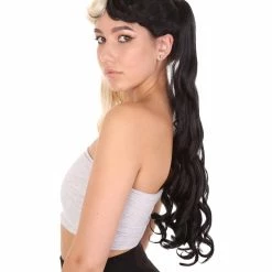 HPO Women's Marie, Long Wavy Two Tone Black And White High Pigtails Womens Wig | Premium Breathable Capless Cap