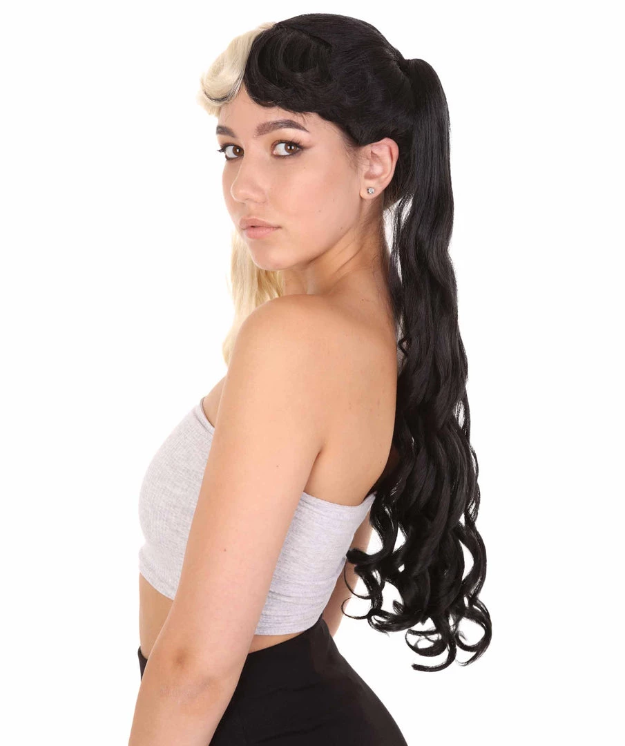 HPO Women's Marie, Long Wavy Two Tone Black And White High Pigtails Womens Wig | Premium Breathable Capless Cap