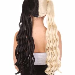 HPO Women's Marie, Long Wavy Two Tone Black And White High Pigtails Womens Wig | Premium Breathable Capless Cap