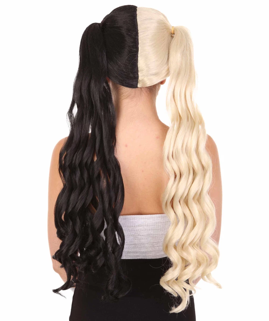 HPO Women's Marie, Long Wavy Two Tone Black And White High Pigtails Womens Wig | Premium Breathable Capless Cap