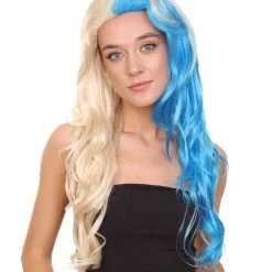HPO Half Blonde And Half Blue Wig | Fancy Party Event Ready Halloween Wig | Premium Breathable Capless Cap