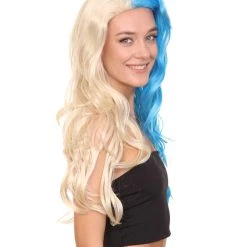 HPO Half Blonde And Half Blue Wig | Fancy Party Event Ready Halloween Wig | Premium Breathable Capless Cap