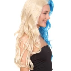HPO Half Blonde And Half Blue Wig | Fancy Party Event Ready Halloween Wig | Premium Breathable Capless Cap