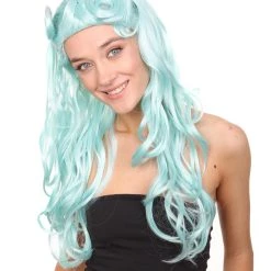 HPO Men's Womens Pale Blue Curly Glamour Siren Wig | Long Curly Cosplay Halloween Wig | Premium Breathable Capless Cap