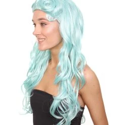 HPO Men's Womens Pale Blue Curly Glamour Siren Wig | Long Curly Cosplay Halloween Wig | Premium Breathable Capless Cap