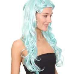 HPO Men's Womens Pale Blue Curly Glamour Siren Wig | Long Curly Cosplay Halloween Wig | Premium Breathable Capless Cap