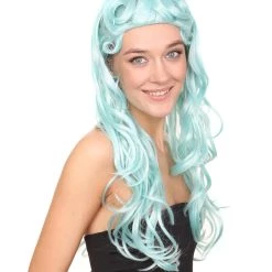 HPO Men's Womens Pale Blue Curly Glamour Siren Wig | Long Curly Cosplay Halloween Wig | Premium Breathable Capless Cap