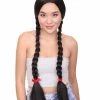 HPO Womens Gothic School Girl Pigtail Style Wig | Triditional Braided Halloween Wig With Red Ribbon | Premium Breathable Capless Cap