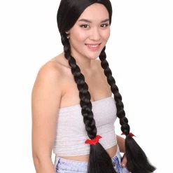 HPO Womens Gothic School Girl Pigtail Style Wig | Triditional Braided Halloween Wig With Red Ribbon | Premium Breathable Capless Cap