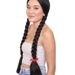 HPO Womens Gothic School Girl Pigtail Style Wig | Triditional Braided Halloween Wig With Red Ribbon | Premium Breathable Capless Cap