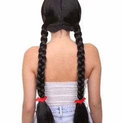 HPO Womens Gothic School Girl Pigtail Style Wig | Triditional Braided Halloween Wig With Red Ribbon | Premium Breathable Capless Cap