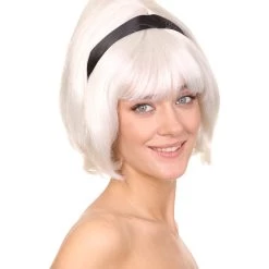 HPO Women's Womens 60's Lady Wig With Headband | White Vintage Wig | Premium Breathable Capless Cap