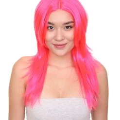 HPO Party Girl Adult Wig | Neon Pink Party Ready Fancy Cosplay Halloween Wig | Premium Breathable Capless Cap