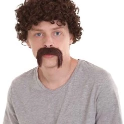 HPO 70's Mens Afro Wig & Mustache Set | Brown Retro Wig | Premium Breathable Capless Cap Men's