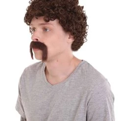 HPO 70's Mens Afro Wig & Mustache Set | Brown Retro Wig | Premium Breathable Capless Cap Men's