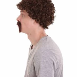 HPO 70's Mens Afro Wig & Mustache Set | Brown Retro Wig | Premium Breathable Capless Cap Men's