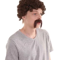 HPO 70's Mens Afro Wig & Mustache Set | Brown Retro Wig | Premium Breathable Capless Cap Men's