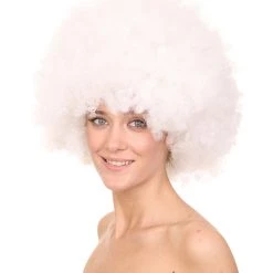 HPO Glow-In-The-Dark Unisex Afro Wig | White Jumbo Super Size Stage/Event Fancy Halloween Wig | Premium Breathable Capless Cap