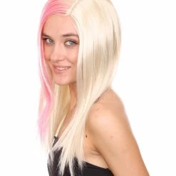 HPO Blonde Pink Rock Star Princess Womens Wig | Long Royal Cosplay Halloween Wig | Premium Breathable Capless Cap Women's