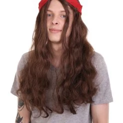 HPO Men's Pirate Mens Wig | Brown Wig With Red Ribbon | Premium Breathable Capless Cap